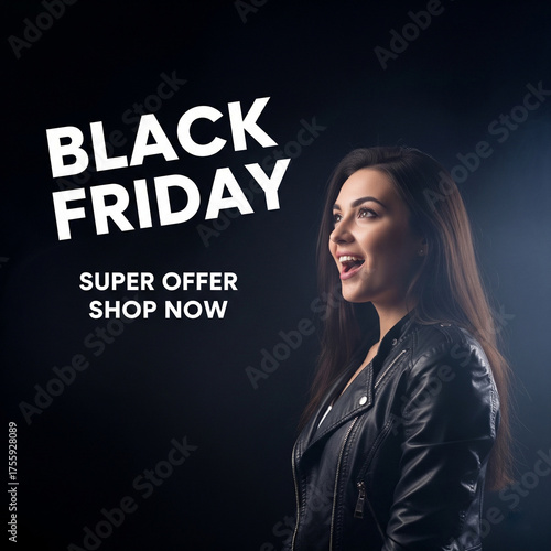 Excited Woman in Leather Black Friday Super Offer Dark Fashion Banner