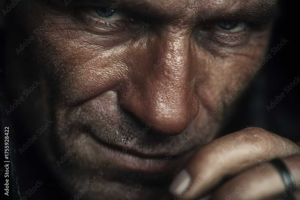 Fototapeta premium Man holding something on black background, closeup