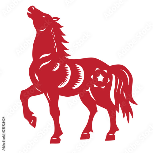 Chinese New Year 2026, the year of the Horse, red and gold line art characters, simple hand-drawn Asian elements with craft (Chinese translation: Happy Chinese New Year 2026, year of the Horse)