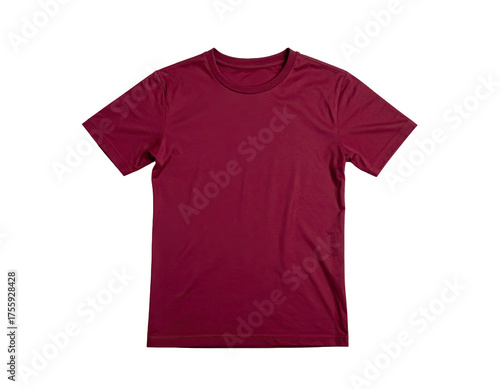 Plain, solid-colored, short-sleeved t-shirt in a rich burgundy hue, isolated on black background
