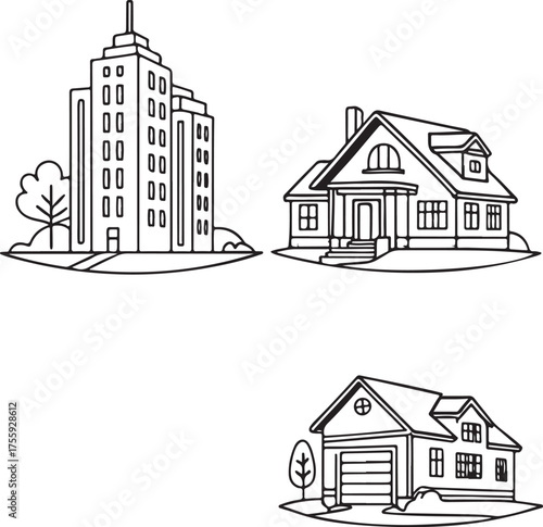 Architectural urban housing art showcases a variety of home styles with vibrant and creative residential concepts.