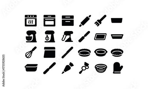 vector solid black filled icons Baking (tools) oven on oven off drawer open drawer closed mixer active mixer inactive rolling pin pastry brush dough whisk dough scraper bench knife baking
