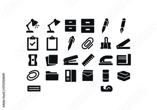vector solid black filled icons Office (stationery) lamp on lamp off drawer open drawer closed project active project inactive ballpoint pen gel pen fountain pen pencil sharpener sticky