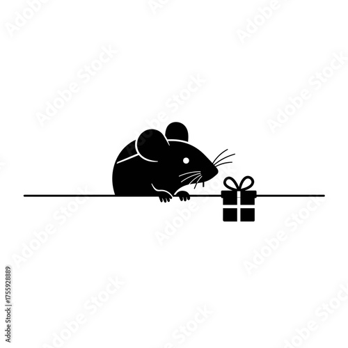 Mouse peeking out from hole with tiny gift in concept of Christmas  