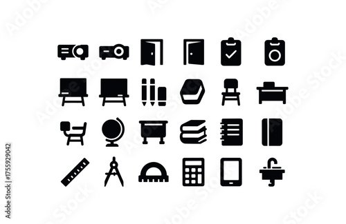 vector solid black filled icons Education (classroom) projector on projector off door open door closed quiz active quiz inactive chalk board white board marker set eraser desk chair teacher