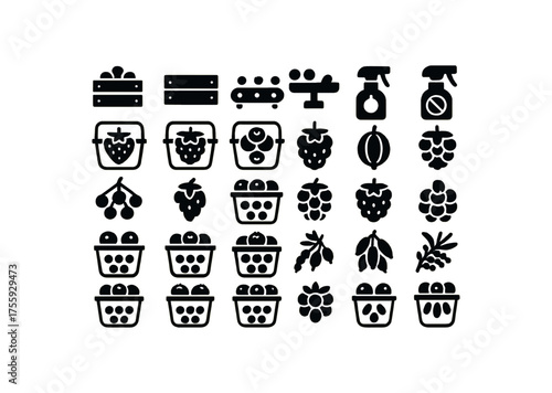 vector solid black filled icons Fruits (berries) crate open crate closed sorter active sorter inactive sprayer on sprayer off strawberry pack raspberry pack blueberry pack pack gooseberry