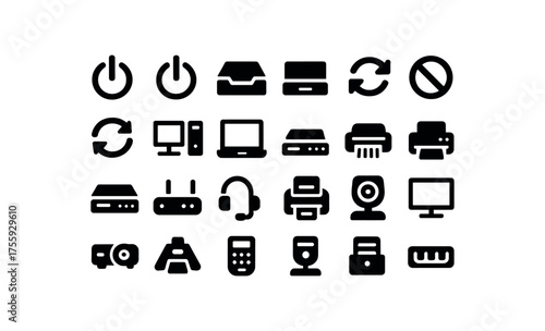 vector solid black filled icons Office (devices) power on power off tray open tray closed sync active sync inactive desktop pc laptop pc docking station usb hub network switch wifi router