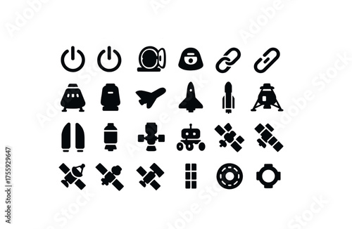 vector solid black filled icons Space (craft) power on power off hatch open hatch closed active inactive crew capsule cargo capsule space plane launch rocket booster stage fairing service