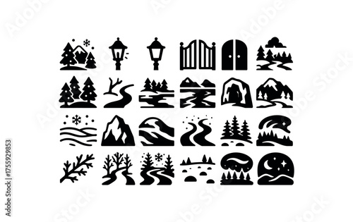 vector solid black filled icons Winter (landscapes) lamp on lamp off gate open gate closed trail active trail inactive snowy forest icy river frozen lake snow canyon frost meadow glacier
