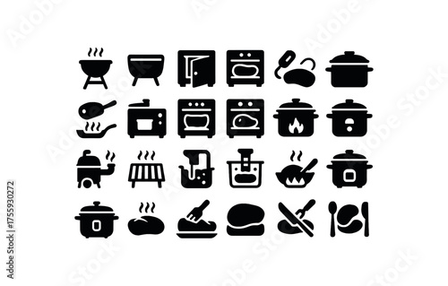 vector solid black filled icons Meat (cook methods) grill on grill off door open door closed probe active probe inactive sear pan bake oven roast oven broil oven braise pot stew pot smoke