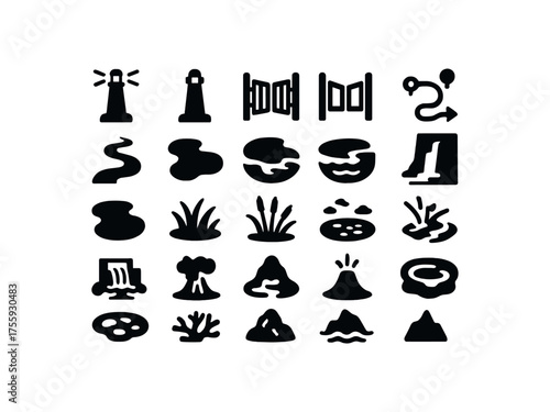 vector solid black filled icons Nature (waterforms) beacon on beacon off gate open gate closed route active route inactive river bend lake shore sea coast ocean bay fjord cliff lagoon pool