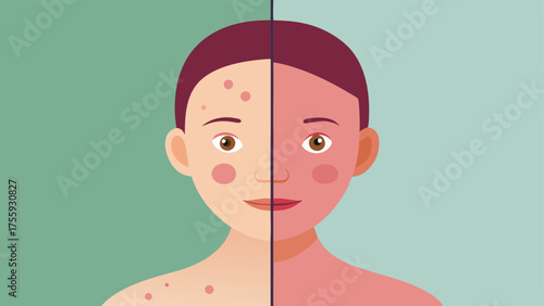 Before and After A split illustration with one side showing a face with visible redness and inflammation and the other side depicting calm clear skin after exosome treatment.