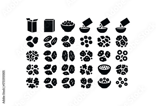 vector solid black filled icons Breakfast (cereals) box open box closed bowl full bowl empty pour active pour inactive corn flakes wheat flakes oat flakes rice puffs cocoa puffs granola mix