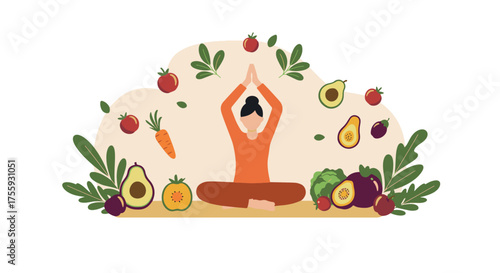 Illustration of a woman in yoga pose surrounded by colorful vegetables and fruits, representing a healthy lifestyle and balanced diet with meditation.