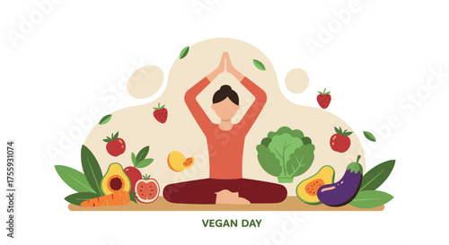 Vegan Day Illustration with Meditating Person and Vegetables