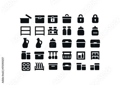 vector solid black filled icons Kitchen Tools (storage) lid open lid closed lock on lock off shelf active shelf inactive spice rack spice jar oil cruet vinegar cruet salt jar sugar jar
