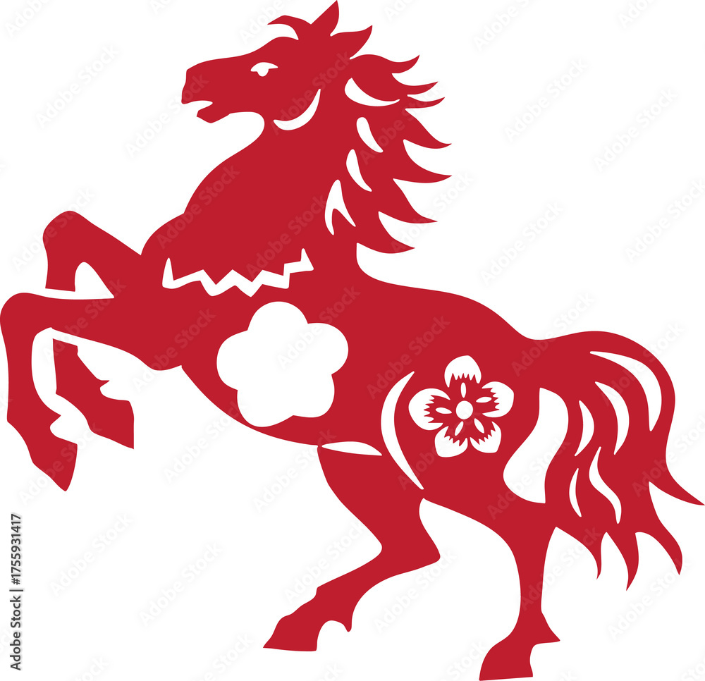 Naklejka premium Chinese New Year 2026, the year of the Horse, red and gold line art characters, simple hand-drawn Asian elements with craft (Chinese translation: Happy Chinese New Year 2026, year of the Horse)