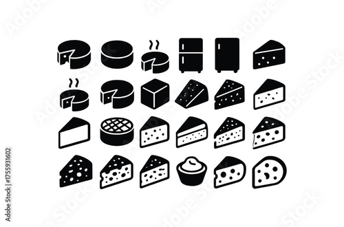vector solid black filled icons Food (cheese) wheel open wheel closed fridge on fridge off ripen active ripen inactive cheddar gouda slice brie wedge camembert wheel parmesan wedge asiago