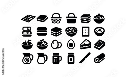 vector solid black filled icons Spring (picnic) mat open mat closed basket on basket off lunch active lunch inactive sandwich stack salad bowl fruit bowl cheese plate cracker pack hummus