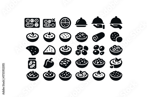 vector solid black filled icons Dishes (meze) tray on tray off plate open plate closed serve active serve inactive hummus dip baba ganoush tzatziki dip tabbouleh bowl dolma roll falafel