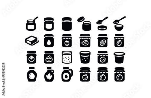 vector solid black filled icons Breakfast (spreads) jar open jar closed lid on lid off serve active serve inactive butter pat honey jar jam jar marmalade jar peanut butter almond butter