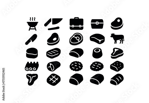 vector solid black filled icons Meat (beef) grill on grill off case open case closed cut active cut inactive ribeye cut sirloin cut tenderloin cut flank cut brisket cut chuck cut short rib