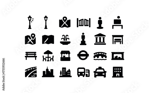 vector solid black filled icons Travel (city) light on light off gate open gate closed map active map inactive street view plaza park bench fountain jet statue stone museum hall gallery