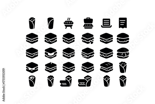 vector solid black filled icons Dishes (sandwiches) wrap open wrap closed grill on grill off order active order inactive ham sandwich turkey sandwich roast beef pastrami sandwich tuna