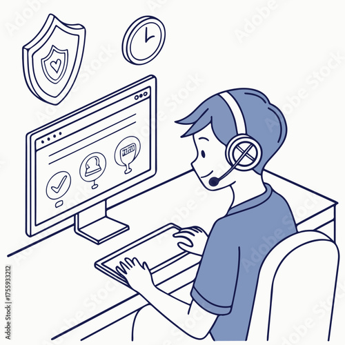Detailed vector illustration of a man working with papers and a laptop, showing office productivity and dedication