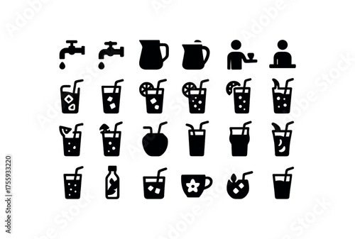 vector solid black filled icons Summer (drinks) tap on tap off jug open jug closed serve active serve inactive iced tea iced coffee lemonade glass lime soda orange soda berry punch