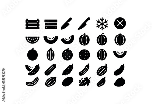 vector solid black filled icons Fruits (melons) crate open crate closed knife on knife off chill active chill inactive watermelon slice cantaloupe slice honeydew slice galia melon hami