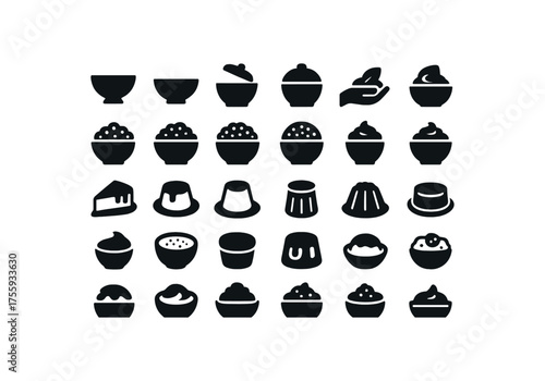 vector solid black filled icons Desserts (puddings) bowl on bowl off lid open lid closed serve active serve inactive rice pudding bread pudding tapioca pudding chia pudding chocolate mousse