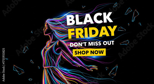 Neon Glow Black Friday Sale Banner Woman with Dynamic Abstract Hair Graphic