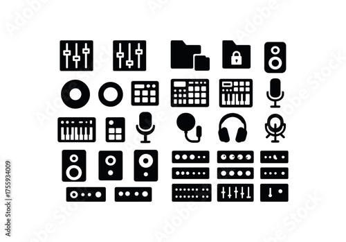 vector solid black filled icons Music (production) mixer on mixer off track open track closed record active record inactive drum machine synth pad midi keyboard sampler pad sequencer grid