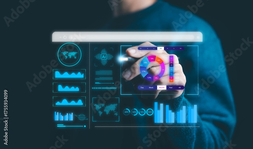 Futuristic business analytics dashboard interface with AI data visualization, digital charts, and graphs. Concept of artificial intelligence technology, big data, and financial analytics for modern.