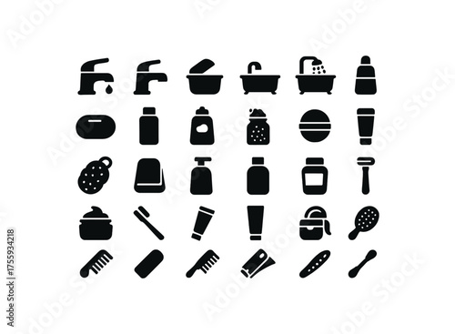 vector solid black filled icons Products (bath) tap on tap off lid open lid closed flow active flow inactive soap bar shower gel bath foam bath salt bath bomb body scrub loofah sponge
