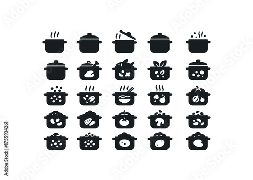 vector solid black filled icons Food (soups) pot on pot off lid open lid closed boil active boil inactive chicken soup beef soup fish soup veggie soup lentil soup pea soup miso soup ramen