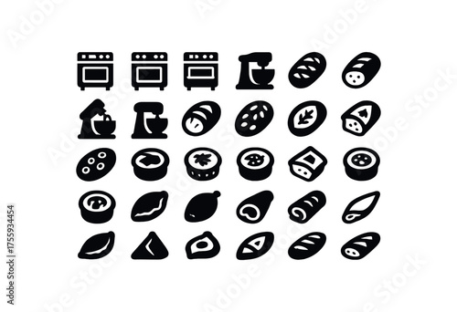 vector solid black filled icons Baking (savory) oven on oven off tray open tray closed mix active mix inactive cheese bread garlic bread onion bread herb loaf olive loaf bacon roll ham