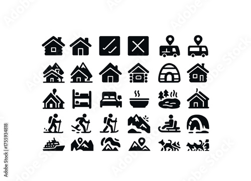 vector solid black filled icons Travel (winter) lodge on lodge off trail open trail closed trip active trip inactive ski resort mountain lodge alpine hut cabin wood igloo ice yurt camp