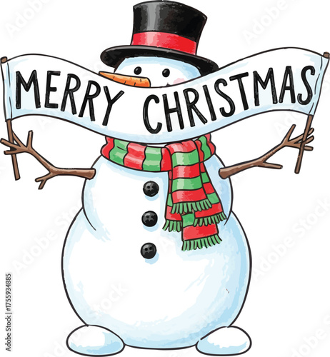 Cheerful cartoon snowman holding a Merry Christmas banner.