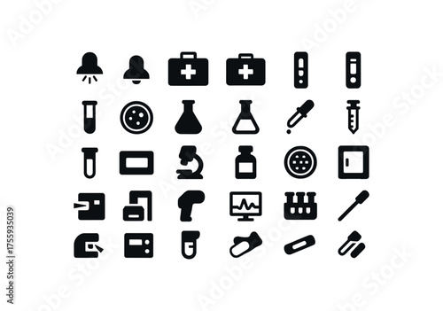 vector solid black filled icons Healthcare (lab) light on light off case open case closed test active test inactive test tube petri dish flask round flask conical pipette drop burette tube