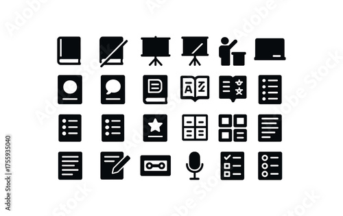 vector solid black filled icons Education (language) book on book off board open board closed class active class inactive alphabet card phonics card grammar book dictionary page thesaurus
