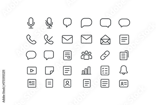 vector outline icons. outline stroke user interface icons style on clean white background Office (communication) mic on mic off chat open chat closed call active call inactive email inbox