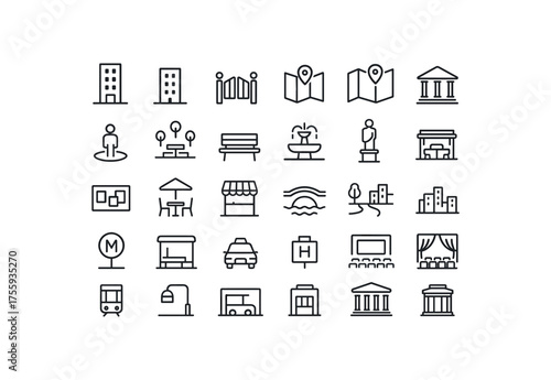 vector outline icons. outline stroke user interface icons style on clean white background Travel (city) light on light off gate open gate closed map active map inactive street view plaza