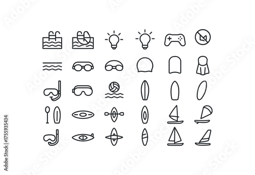 vector outline icons. outline stroke user interface icons style on clean white background Sports (water) pool open pool closed light on light off game active game inactive swim lane swim