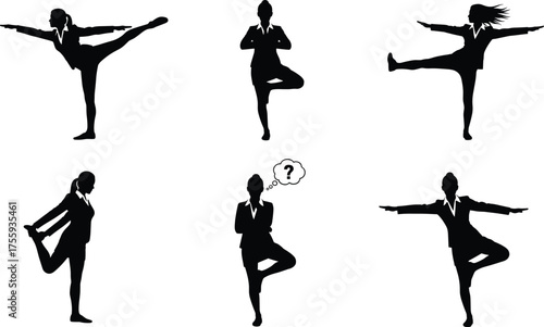 Business professionals practicing yoga poses in office attire, corporate wellness, mindfulness, balance, stretching, stress relief, healthy lifestyle, workplace fitness