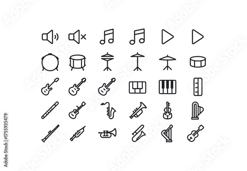 vector outline icons. outline stroke user interface icons style on clean white background Music (sounds) speaker on speaker off note open note closed play active play inactive bass drum