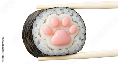 Cute cat paw sushi roll held with chopsticks isolated on transparent background