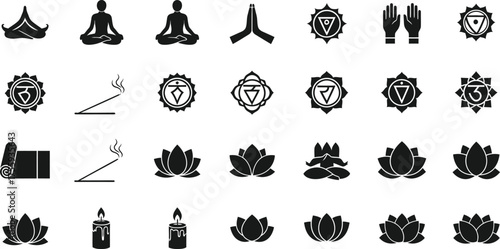 Collection of yoga poses meditation symbols incense sticks and lotus flowers isolated on transparent background