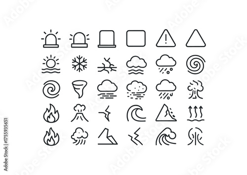vector outline icons. outline stroke user interface icons style on clean white background Weather (extremes) siren on siren off zone open zone closed alert active alert inactive heat wave